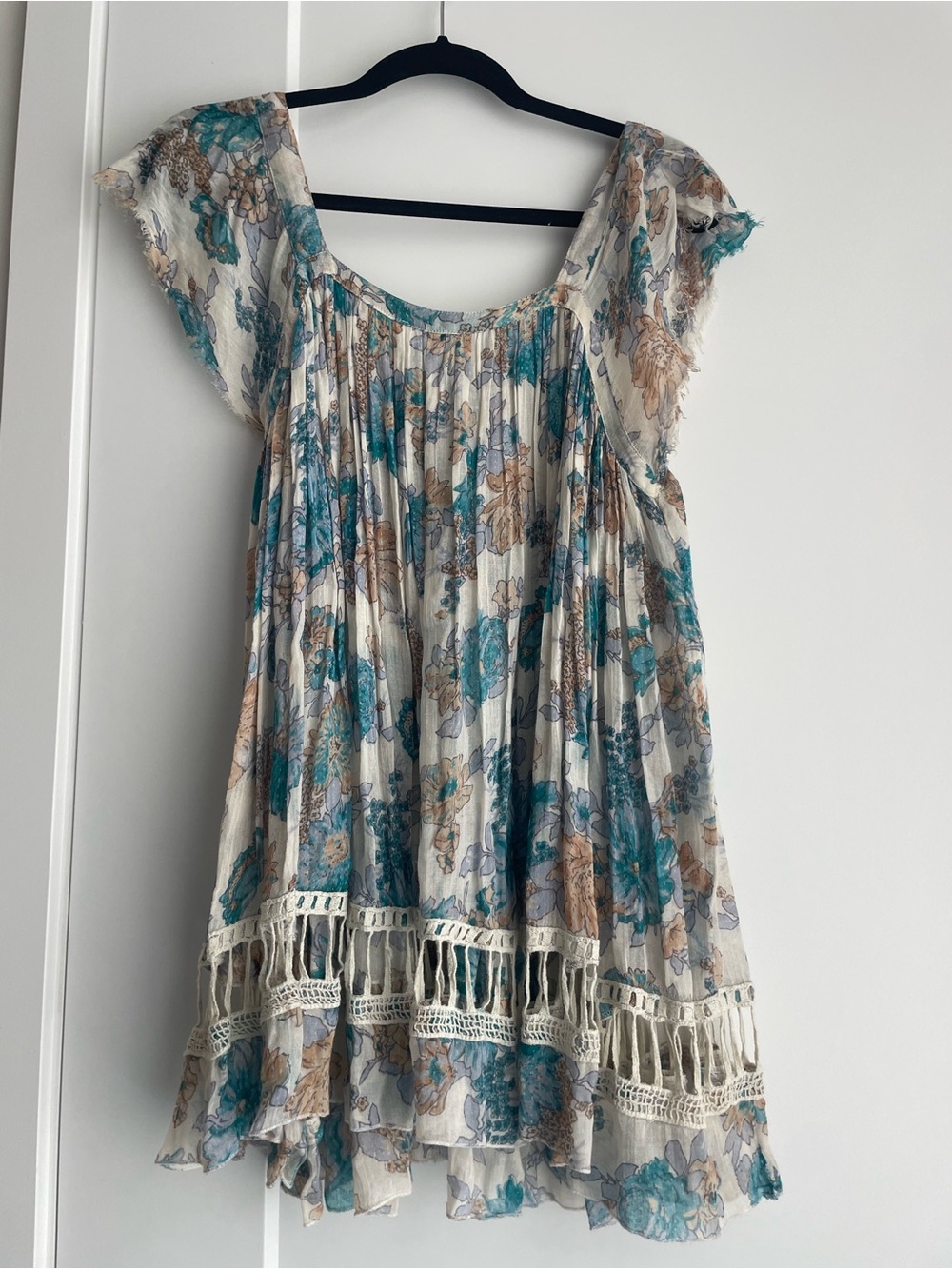 Free People Cream Floral Boho Tunic with Teal and Tan Accents